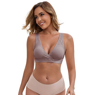 2 Packs Women's Front Closure Wireless Postpartum Lingerie V-Neck Push Up Ribbed Nursing Bras