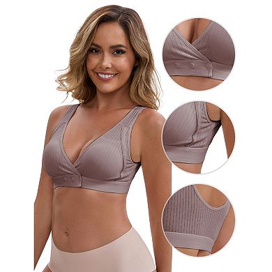 2 Packs Women's Front Closure Wireless Postpartum Lingerie V-Neck Push Up Ribbed Nursing Bras