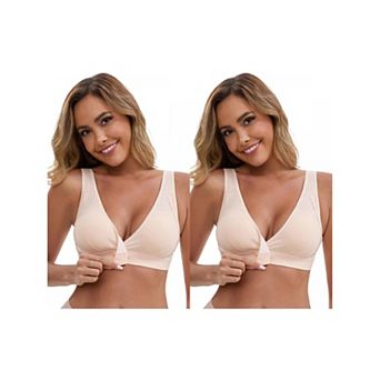 2 Packs Women's Front Closure Wireless Postpartum Lingerie V-Neck Push Up Ribbed Nursing Bras