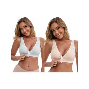 2 Packs Women's Front Closure Wireless Postpartum Lingerie V-Neck Push Up Ribbed Nursing Bras