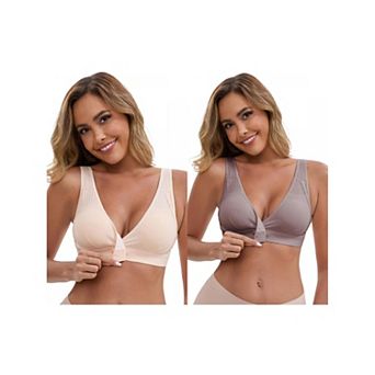 2 Packs Women's Front Closure Wireless Postpartum Lingerie V-Neck Push Up Ribbed Nursing Bras
