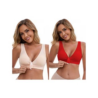 2 Packs Women's Front Closure Wireless Postpartum Lingerie V-Neck Push Up Ribbed Nursing Bras