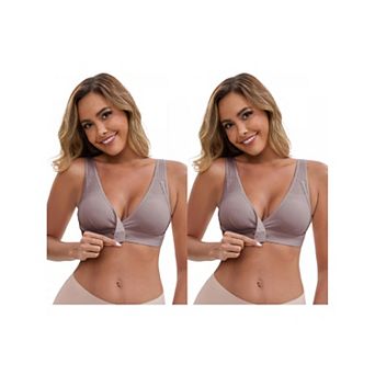 2 Packs Women's Front Closure Wireless Postpartum Lingerie V-Neck Push Up Ribbed Nursing Bras