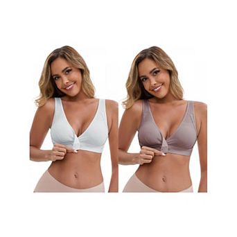 2 Packs Women's Front Closure Wireless Postpartum Lingerie V-Neck Push Up Ribbed Nursing Bras