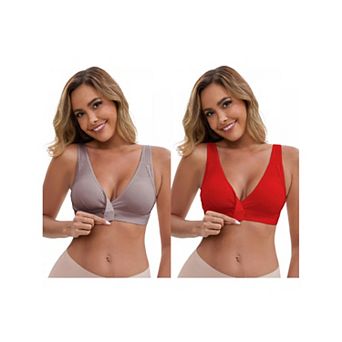 2 Packs Women's Front Closure Wireless Postpartum Lingerie V-Neck Push Up Ribbed Nursing Bras