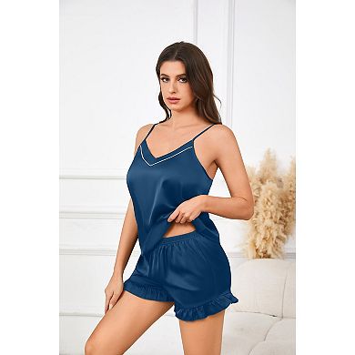 Ekouaer Women's Satin Silky Adjustable Strap V Neck Cami Top with Ruffle Hem Shorts Pajama Sets