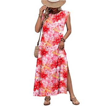 Zeagoo Women's Boho Tropical Sleeveless Maxi Dress Hawaiian Vacation Dress with Pockets