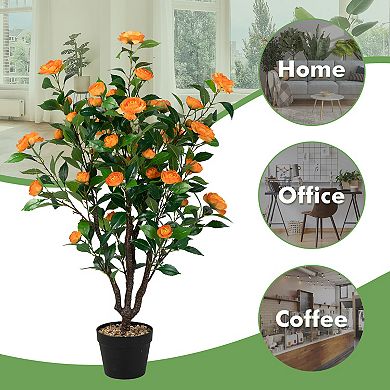 Gymax 3.3 FT Artificial Tree Artificial Camellia Tree Faux Plant for Indoor & Outdoor