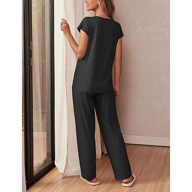 Ekouaer Womens Comfy Lounge Pajama Set Cap Sleeve Top and Long Pants