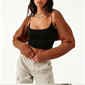 Women's Cropped Long Sleeve Knit Cardigan Lightweight Sweater