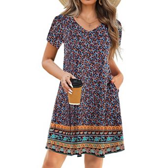 Zeagoo Women's Short Sleeve A-Line Mini Dress Flowy Swing Beach Dress with Pockets Vacation Outfits