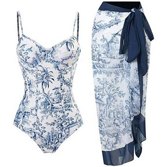Women's Vintage Print Two Piece Swimsuit Set Underwire One Piece with Navy Blue Sarong