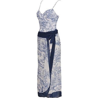 Women's Vintage Print Two Piece Swimsuit Set Underwire One Piece with Navy Blue Sarong