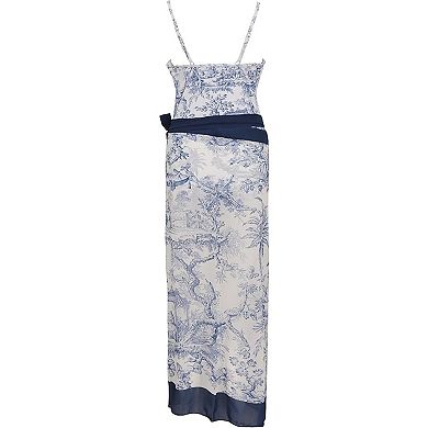 Women's Vintage Print Two Piece Swimsuit Set Underwire One Piece with Navy Blue Sarong