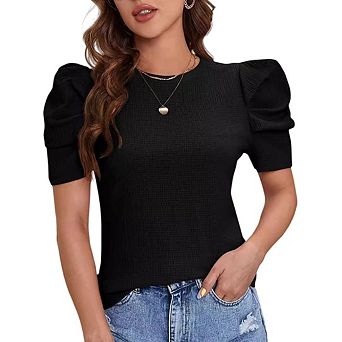 Women's Crew Neck Knit Top with Trendy Puff Short Sleeves Stylish Business Casual Essential