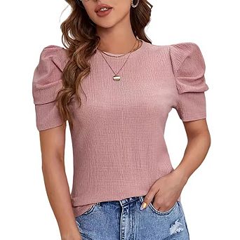 Women's Crew Neck Knit Top with Trendy Puff Short Sleeves Stylish Business Casual Essential