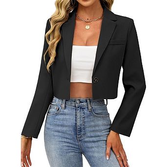 Women’s Cropped Blazer Business Casual Open Front Long Sleeve One Button Jacket
