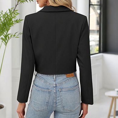 Women’s Cropped Blazer Business Casual Open Front Long Sleeve One Button Jacket