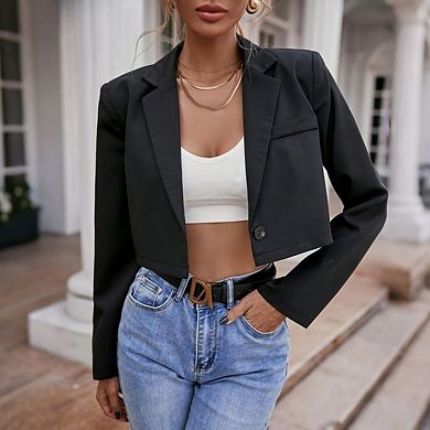 Women’s Cropped Blazer Business Casual Open Front Long Sleeve One Button Jacket