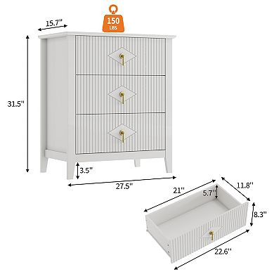 ANIXOL Fluted 3-Drawer Storage Chest with Metal Handles, Modern Dresser