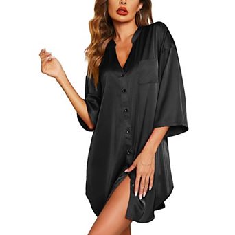 Ekouaer Sleepshirt Women V Neck Satin Nightgown Cute Boyfriend Button Night Shirt Soft Loose Sleep