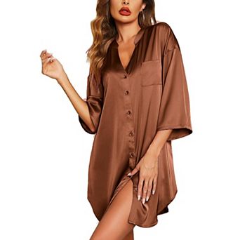 Ekouaer Sleepshirt Women V Neck Satin Nightgown Cute Boyfriend Button Night Shirt Soft Loose Sleep