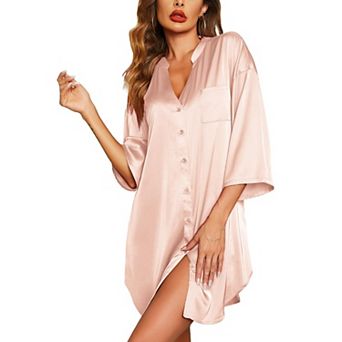 Ekouaer Sleepshirt Women V Neck Satin Nightgown Cute Boyfriend Button Night Shirt Soft Loose Sleep