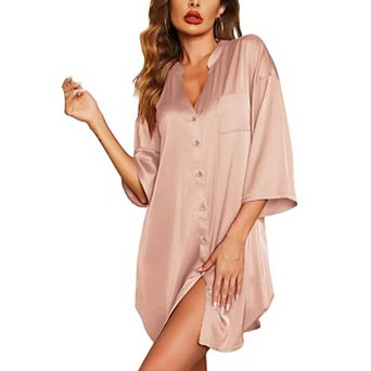 Ekouaer Sleepshirt Women V Neck Satin Nightgown Cute Boyfriend Button Night Shirt Soft Loose Sleep