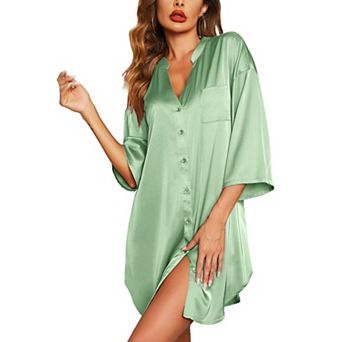 Ekouaer Sleepshirt Women V Neck Satin Nightgown Cute Boyfriend Button Night Shirt Soft Loose Sleep