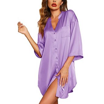 Ekouaer Sleepshirt Women V Neck Satin Nightgown Cute Boyfriend Button Night Shirt Soft Loose Sleep