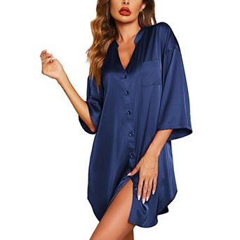 Ekouaer Sleepshirt Women V Neck Satin Nightgown Cute Boyfriend Button Night Shirt Soft Loose Sleep