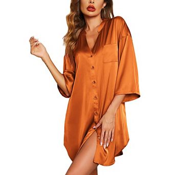 Ekouaer Sleepshirt Women V Neck Satin Nightgown Cute Boyfriend Button Night Shirt Soft Loose Sleep