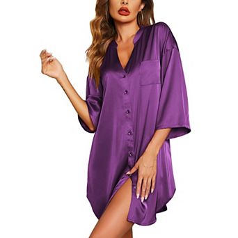 Ekouaer Sleepshirt Women V Neck Satin Nightgown Cute Boyfriend Button Night Shirt Soft Loose Sleep