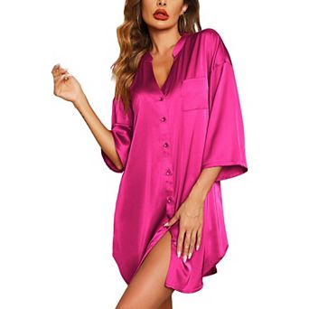 Ekouaer Sleepshirt Women V Neck Satin Nightgown Cute Boyfriend Button Night Shirt Soft Loose Sleep