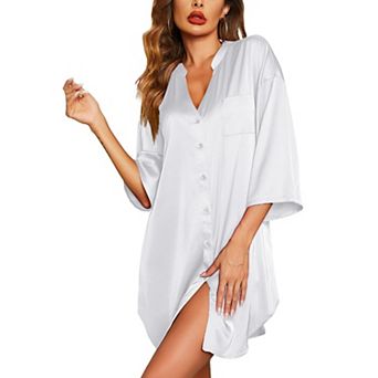 Ekouaer Sleepshirt Women V Neck Satin Nightgown Cute Boyfriend Button Night Shirt Soft Loose Sleep