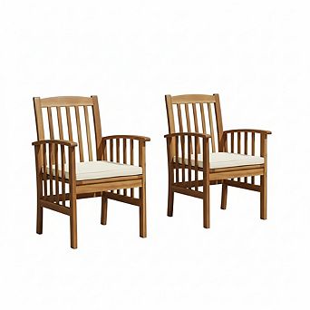 Outdoor Wood Dining Chairs with Cushions and Arms for Backyard (Set of 2)