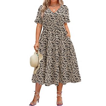 Zeagoo Women's Short Sleeve Midi Casual Tiered V-Neck A-Line Flowy Loose Dresses with Pockets