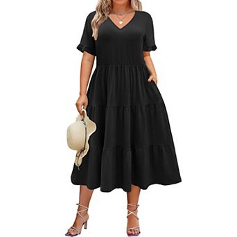 Zeagoo Women's Short Sleeve Midi Casual Tiered V-Neck A-Line Flowy Loose Dresses with Pockets