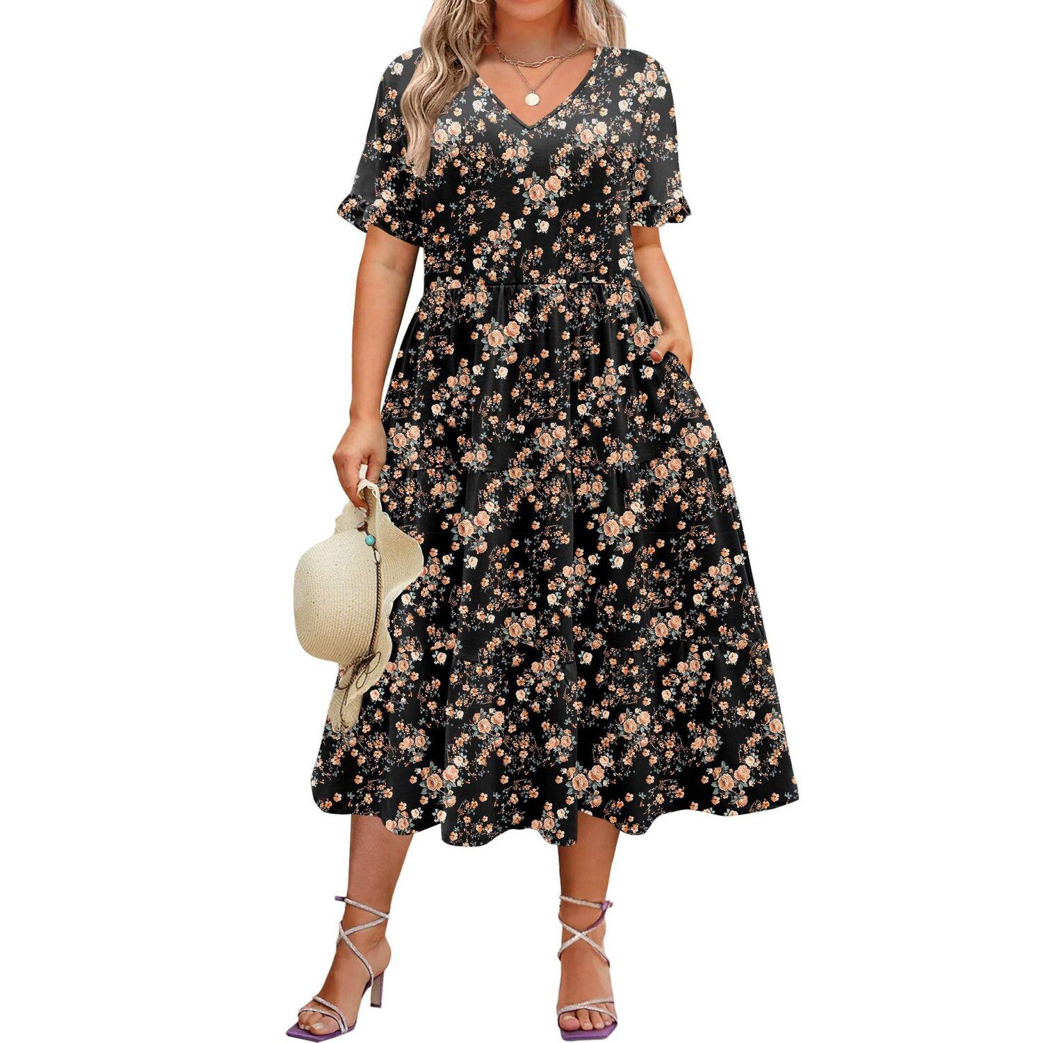 Женские платья Zeagoo Short Sleeve Midi Casual Tiered V-Neck A-Line Flowy Loose Dresses with Pockets