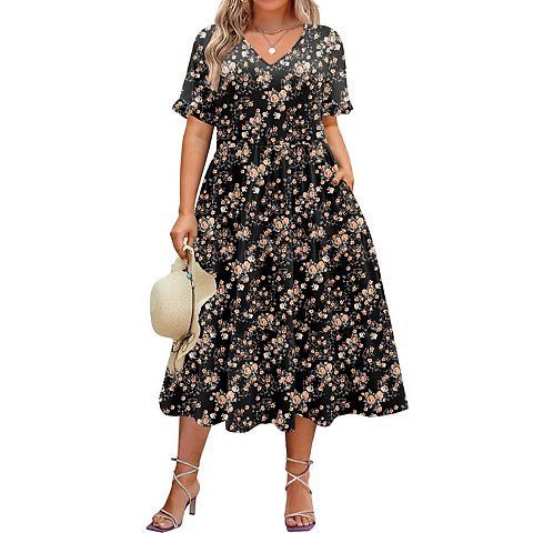 Женские платья Zeagoo Women's Short Sleeve Midi Casual Tiered V-Neck A-Line Flowy Loose Dresses with Pockets