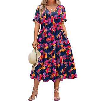 Zeagoo Women's Short Sleeve Midi Casual Tiered V-Neck A-Line Flowy Loose Dresses with Pockets