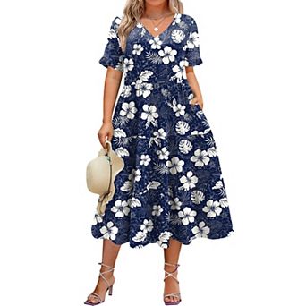 Zeagoo Women's Short Sleeve Midi Casual Tiered V-Neck A-Line Flowy Loose Dresses with Pockets