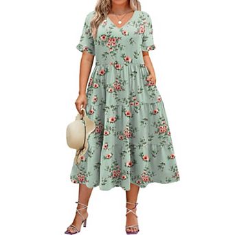 Zeagoo Women's Short Sleeve Midi Casual Tiered V-Neck A-Line Flowy Loose Dresses with Pockets