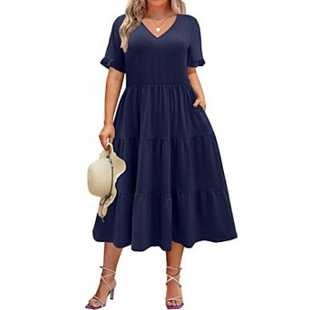 Zeagoo Women's Short Sleeve Midi Casual Tiered V-Neck A-Line Flowy Loose Dresses with Pockets