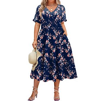 Zeagoo Women's Short Sleeve Midi Casual Tiered V-Neck A-Line Flowy Loose Dresses with Pockets