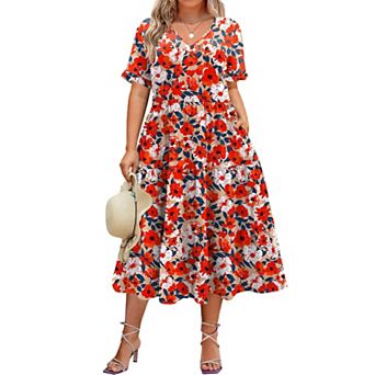 Zeagoo Women's Short Sleeve Midi Casual Tiered V-Neck A-Line Flowy Loose Dresses with Pockets