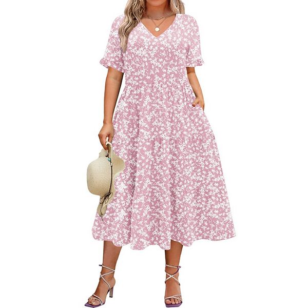 Женские платья Zeagoo Women's Short Sleeve Midi Casual Tiered V-Neck A-Line Flowy Loose Dresses with Pockets — фото 2