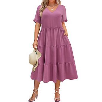 Zeagoo Women's Short Sleeve Midi Casual Tiered V-Neck A-Line Flowy Loose Dresses with Pockets