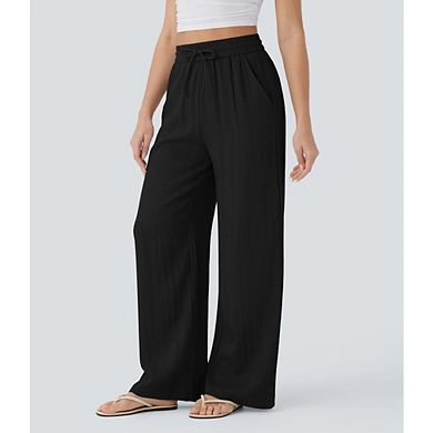 Women's Linen Blend Drawstring Wide Leg Pants Casual Elastic Waist Trousers with Pockets