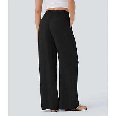 Women's Linen Blend Drawstring Wide Leg Pants Casual Elastic Waist Trousers with Pockets